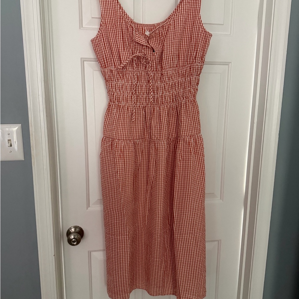 Wayf Red Gingham Smocked Midi Dress